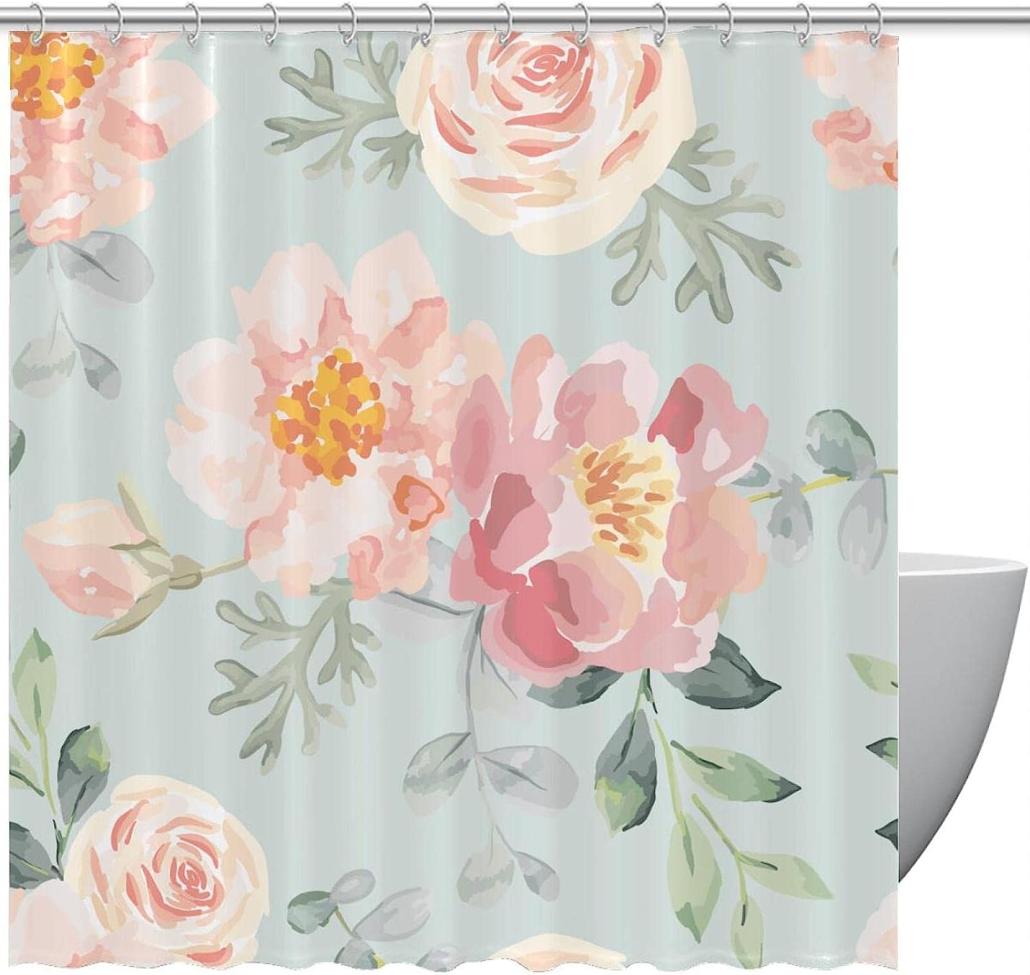 Pink Roses Peonies Floral Fabric Shower Curtain for Bathroom Decor