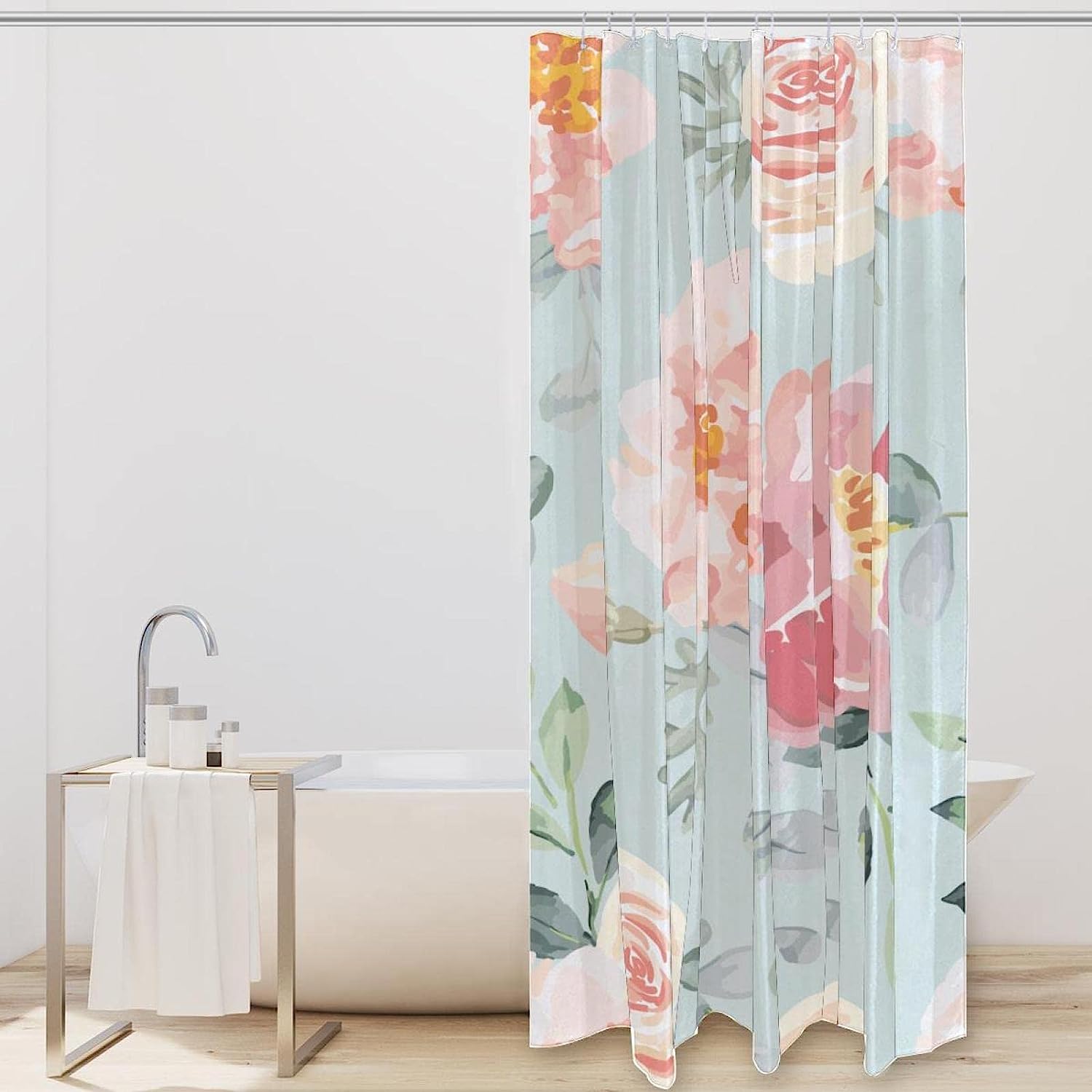 Pink Roses Peonies Floral Fabric Shower Curtain for Bathroom Decor