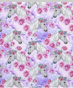 Pink Roses and Unicorn Pattern Fabric Shower Curtain for Bathroom Decor