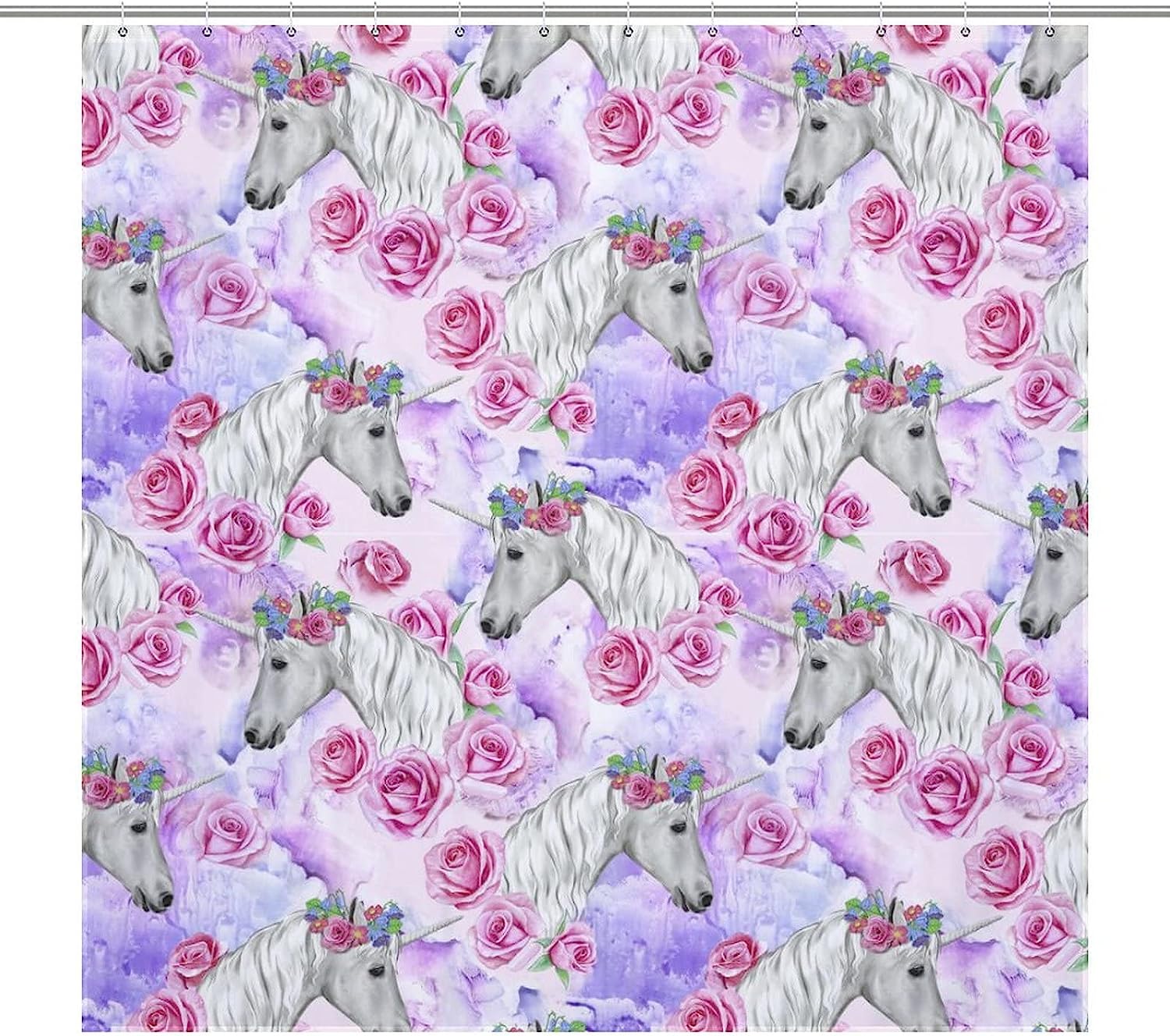 Pink Roses and Unicorn Pattern Fabric Shower Curtain for Bathroom Decor