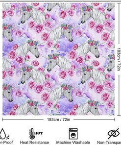 Pink Roses and Unicorn Pattern Fabric Shower Curtain for Bathroom Decor