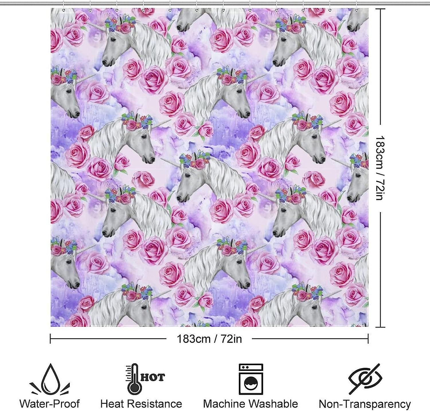 Pink Roses and Unicorn Pattern Fabric Shower Curtain for Bathroom Decor