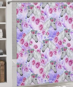 Pink Roses and Unicorn Pattern Fabric Shower Curtain for Bathroom Decor
