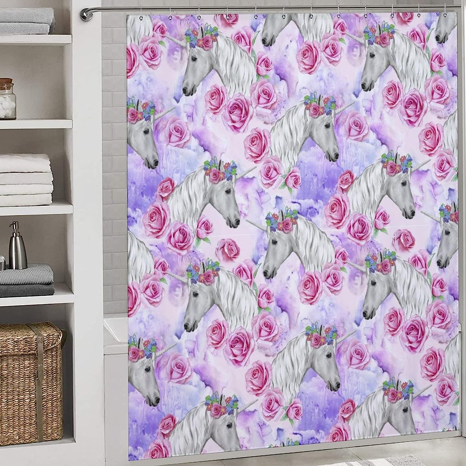 Pink Roses and Unicorn Pattern Fabric Shower Curtain for Bathroom Decor