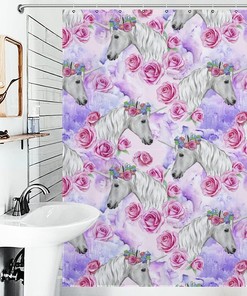Pink Roses and Unicorn Pattern Fabric Shower Curtain for Bathroom Decor