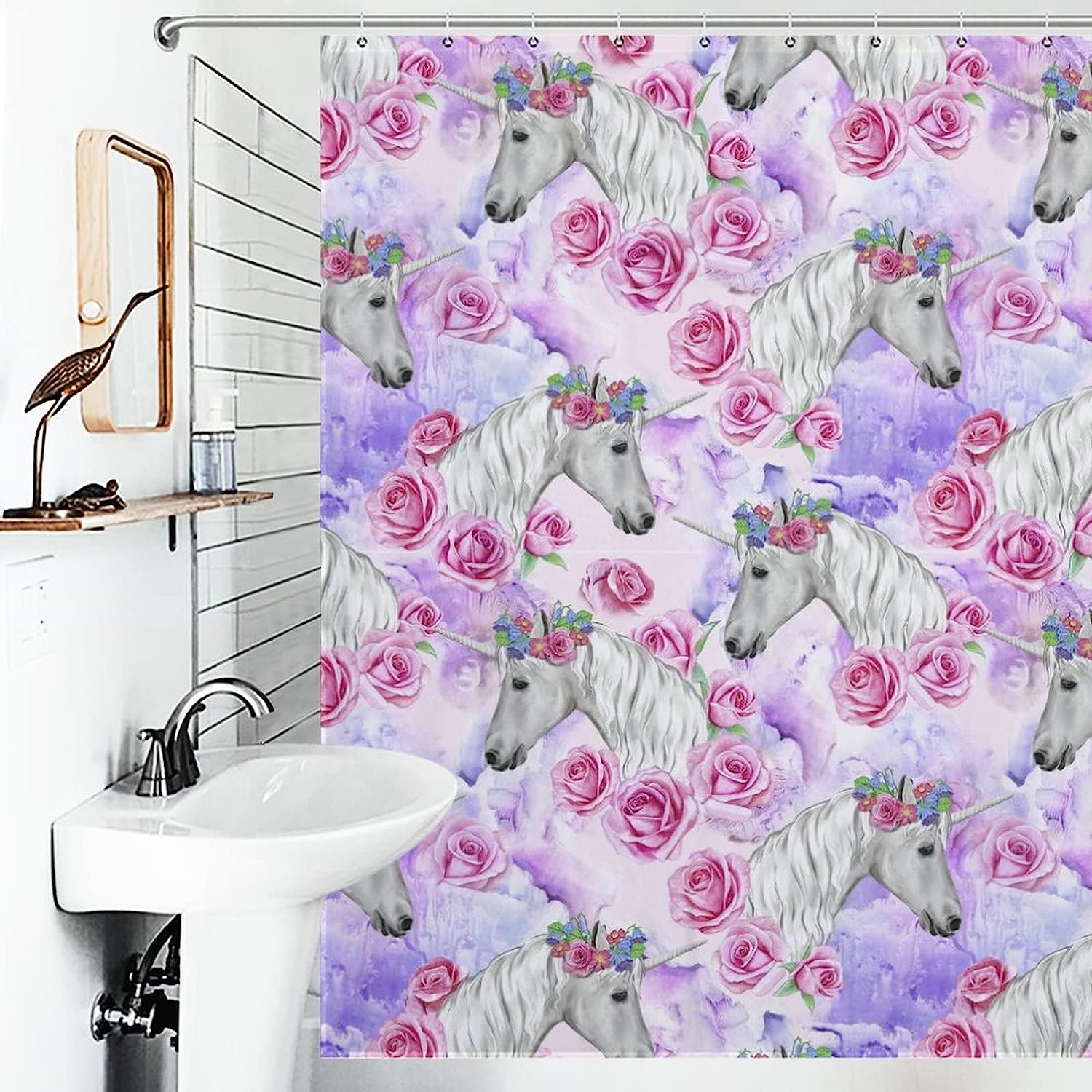 Pink Roses and Unicorn Pattern Fabric Shower Curtain for Bathroom Decor