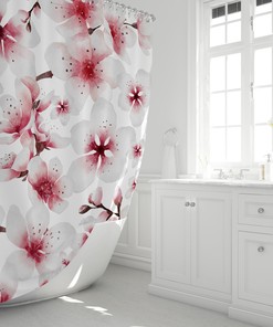 Pink Sakura Blossoms Shower Curtain, Japanese Inspired Minimalist Floral Bathroom Decor 