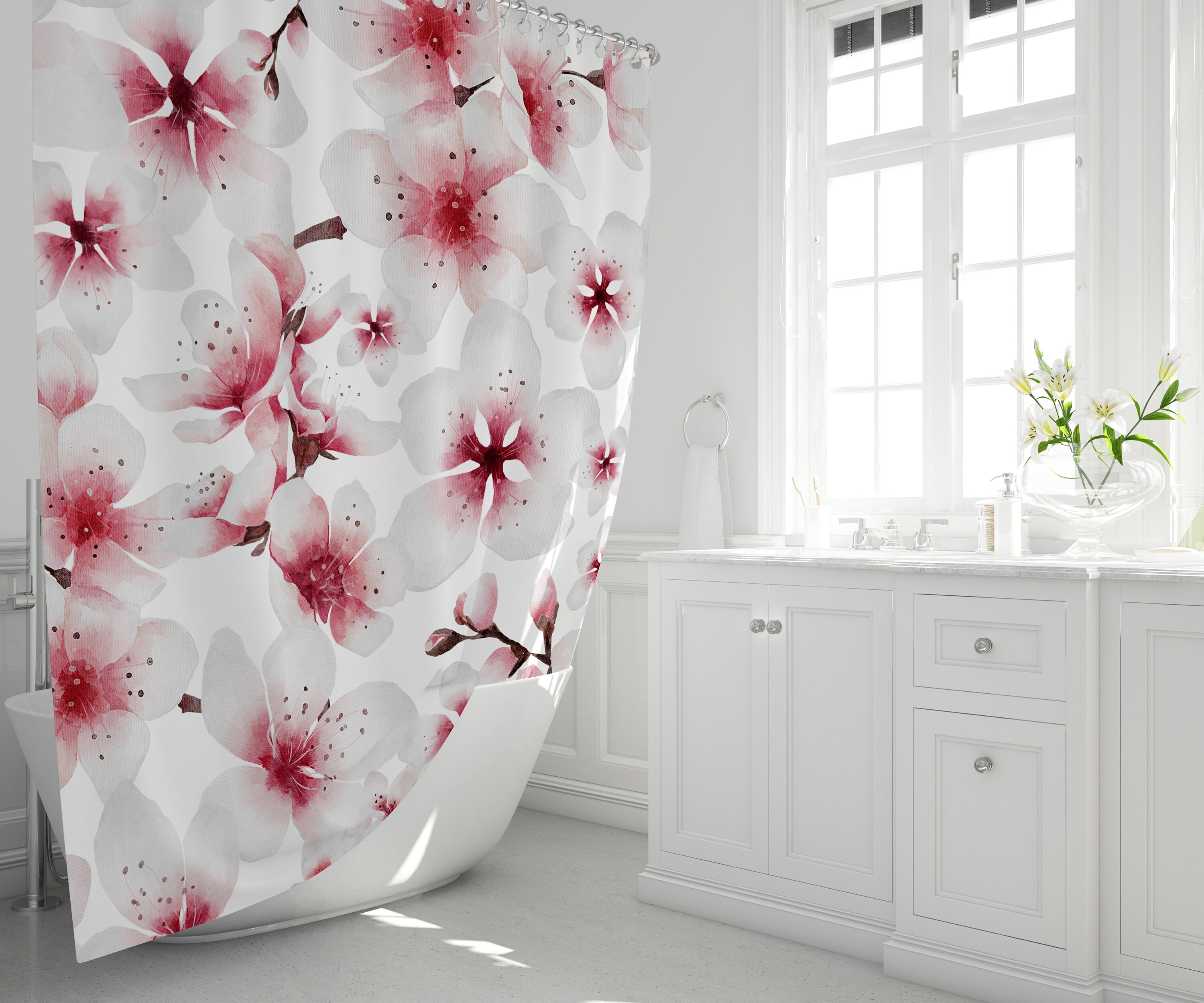 Pink Sakura Blossoms Shower Curtain, Japanese Inspired Minimalist Floral Bathroom Decor