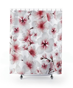 Pink Sakura Blossoms Shower Curtain, Japanese Inspired Minimalist Floral Bathroom Decor