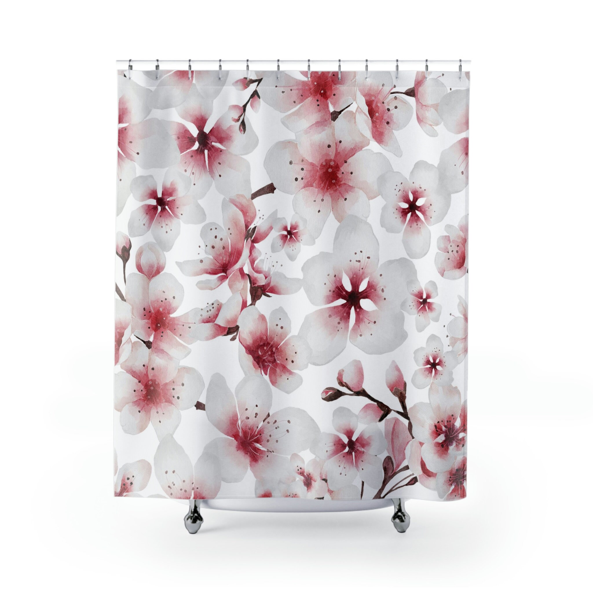 Pink Sakura Blossoms Shower Curtain, Japanese Inspired Minimalist Floral Bathroom Decor