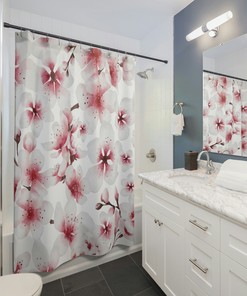 Pink Sakura Blossoms Shower Curtain, Japanese Inspired Minimalist Floral Bathroom Decor