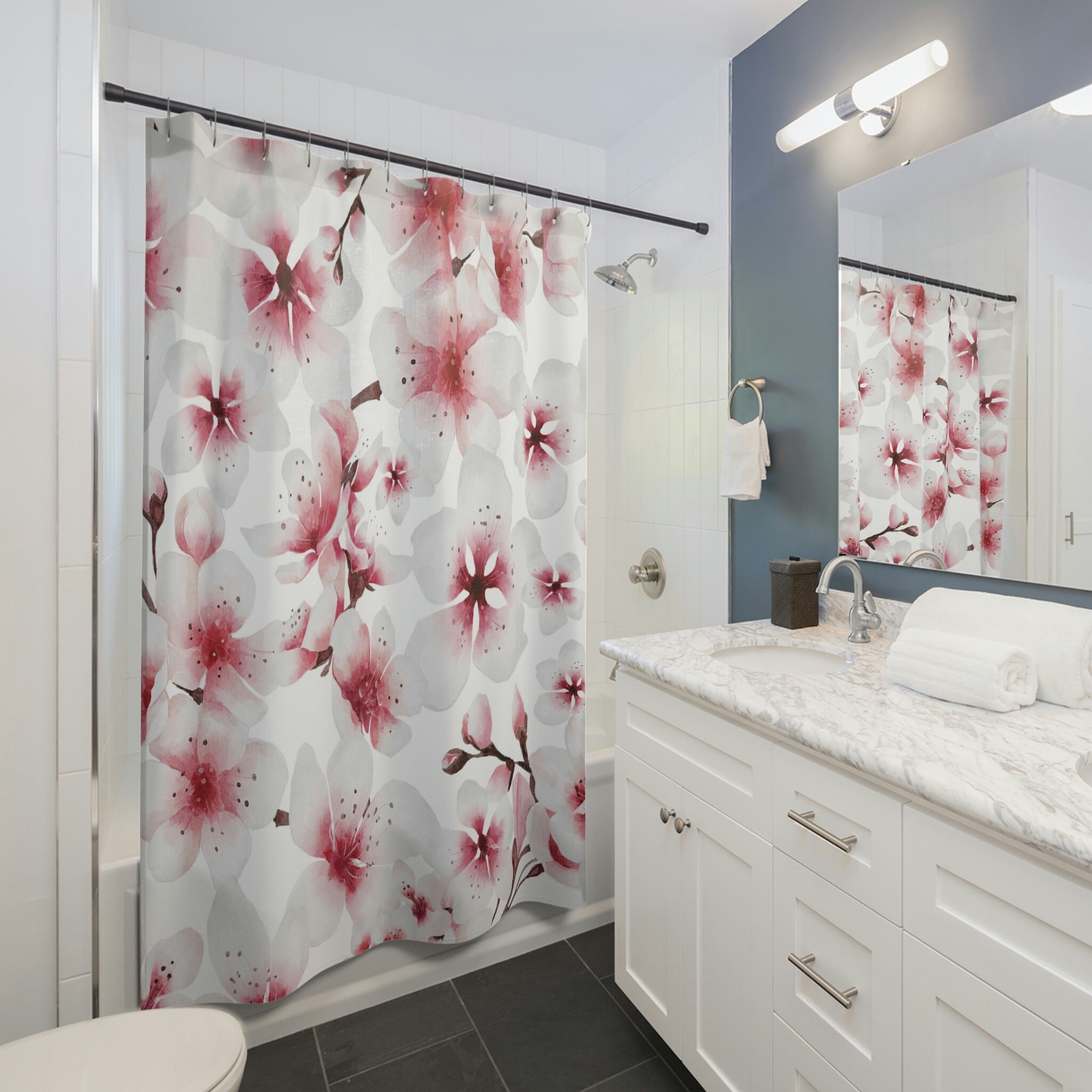 Pink Sakura Blossoms Shower Curtain, Japanese Inspired Minimalist Floral Bathroom Decor
