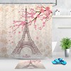 Pink Sakura Fabric Shower Curtain with Paris Eiffel Tower Design, Perfect for Chic Bathroom Decor 