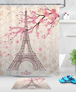 Pink Sakura Fabric Shower Curtain with Paris Eiffel Tower Design, Perfect for Chic Bathroom Decor 