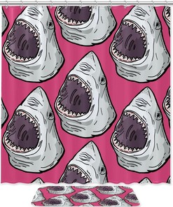 Pink Sharks Printed Bathroom Tub Set With Waterproof Fabric Shower Curtain