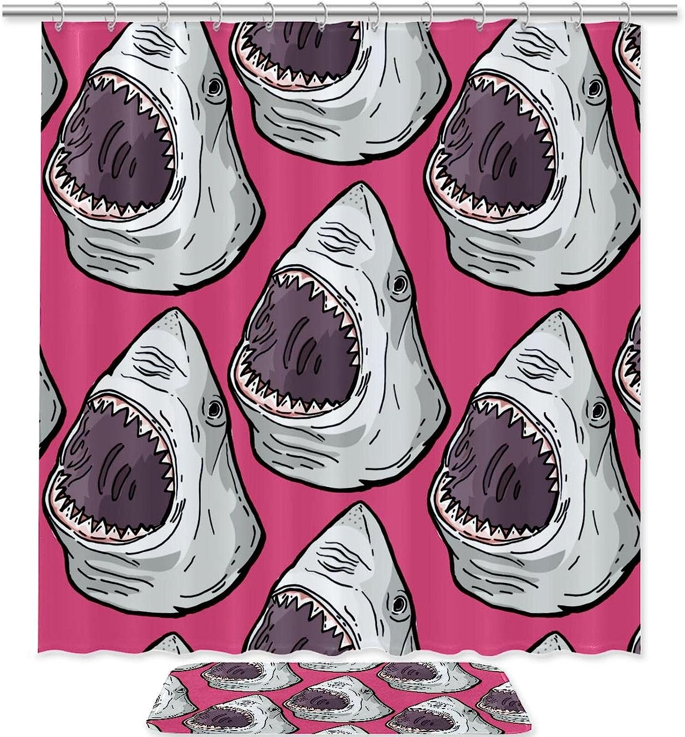 Pink Sharks Printed Bathroom Tub Set With Waterproof Fabric Shower Curtain