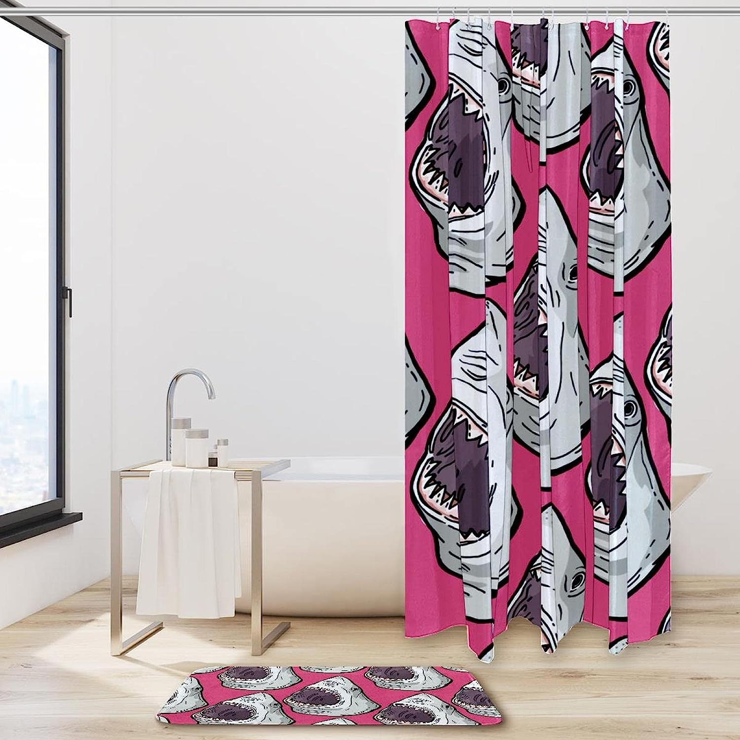 Pink Sharks Printed Bathroom Tub Set With Waterproof Fabric Shower Curtain - Image 2