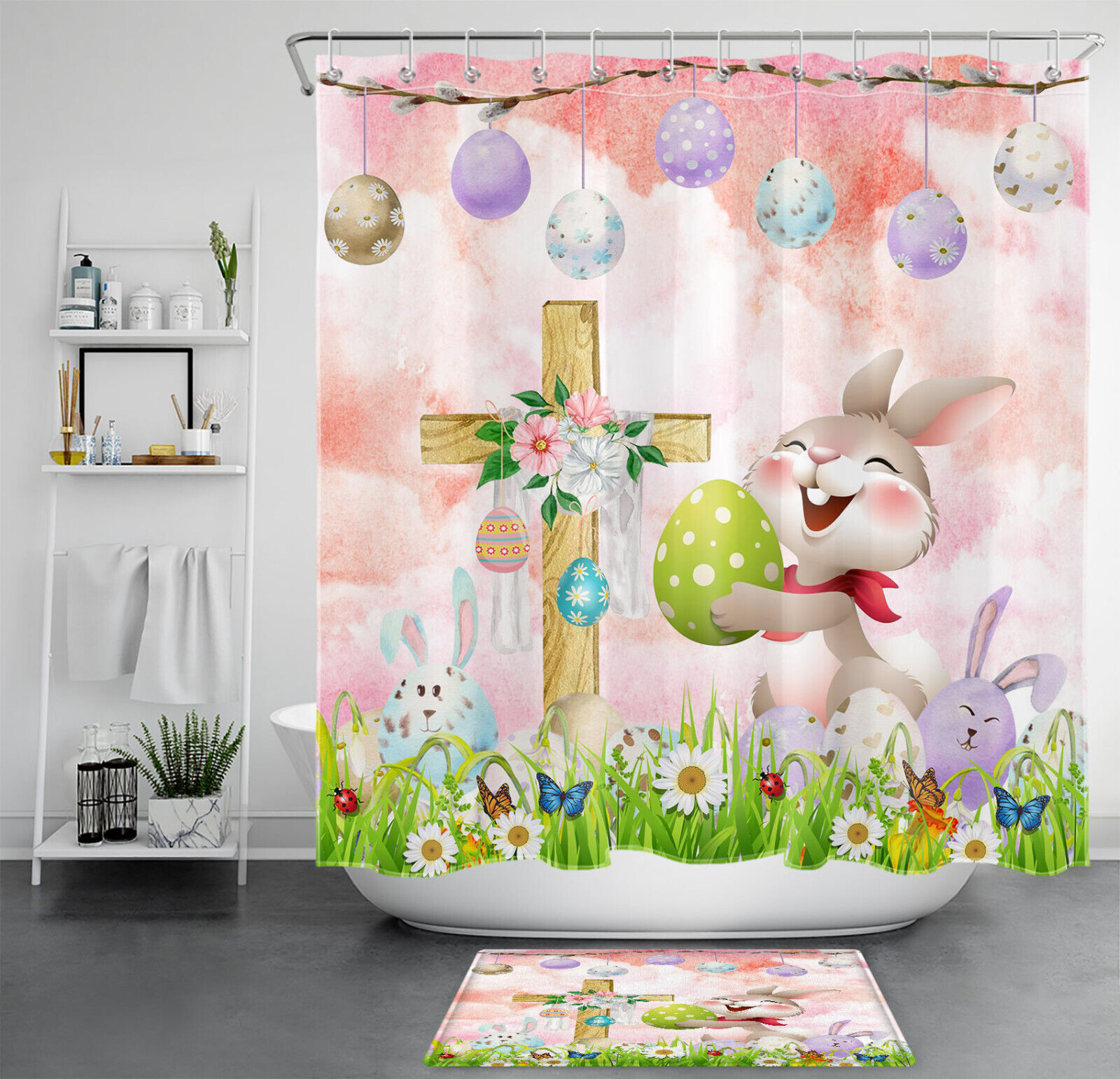 Pink Shower Curtain With Butterfly, Floral, And Rabbit Prints For Cute Bathroom Decor