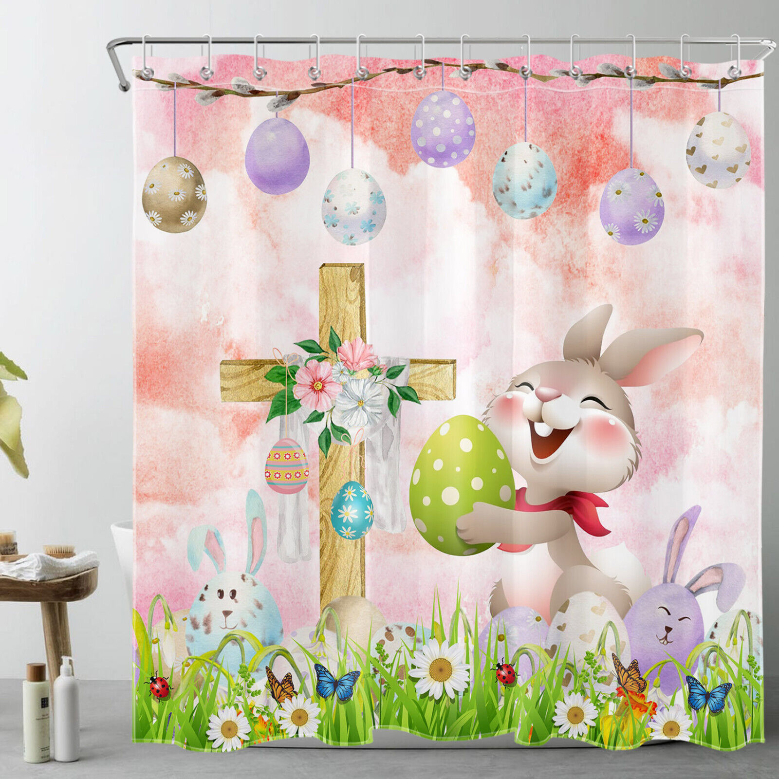 Pink Shower Curtain With Butterfly, Floral, And Rabbit Prints For Cute Bathroom Decor - Image 2