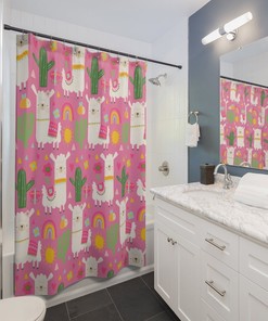 Pink Shower Curtain With Llamas, Cactus And Boho Rainbows