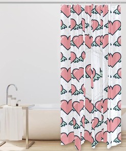 Pink Shower Curtain with Flying Hearts for a Lovely Bathroom