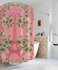Pink Shower Curtain with Paris Design, Shabby Chic Floral Bathroom Decor