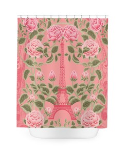 Pink Shower Curtain with Paris Design, Shabby Chic Floral Bathroom Decor