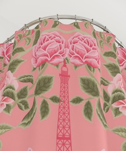 Pink Shower Curtain with Paris Design, Shabby Chic Floral Bathroom Decor
