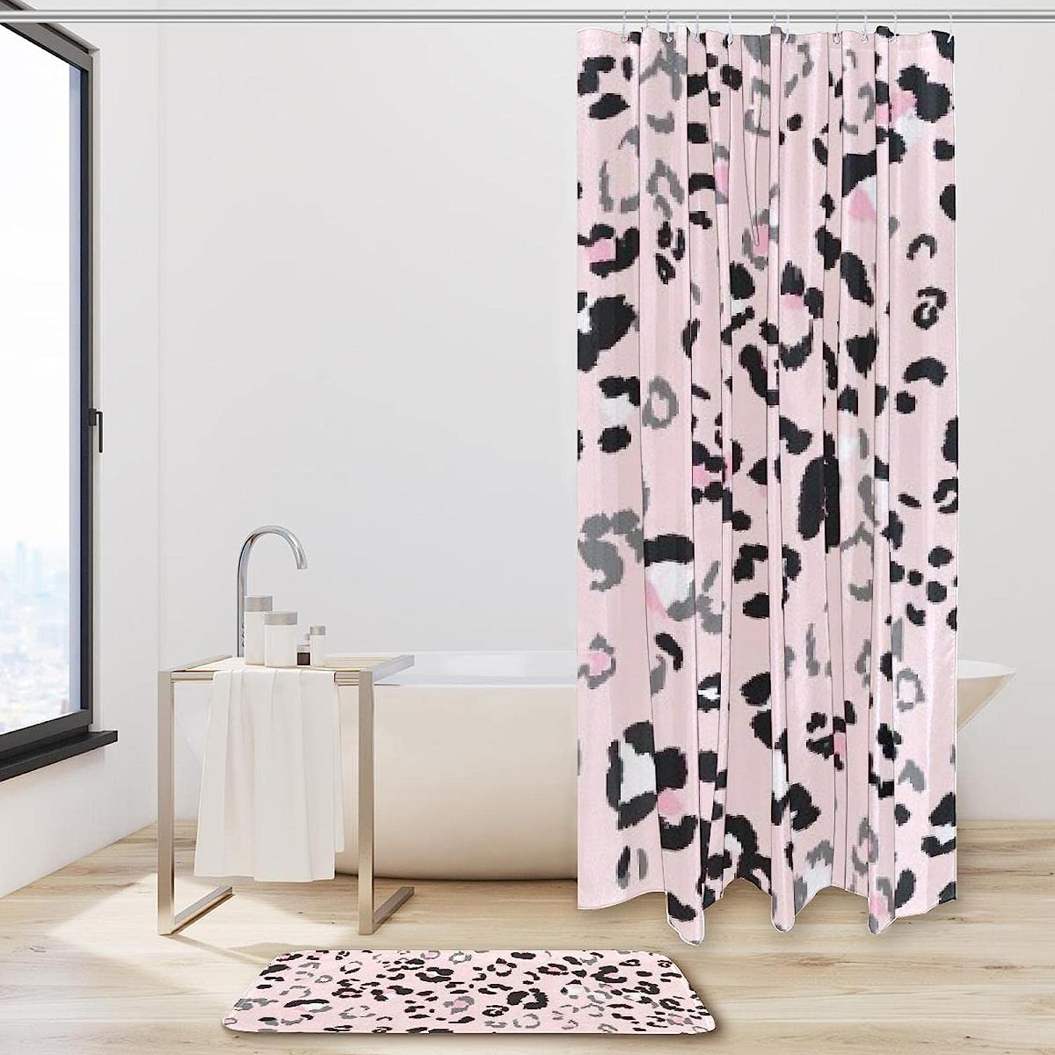 Pink Spot Leopard Print Printed Bathroom Tub Set With Waterproof Fabric Shower Curtain - Image 2