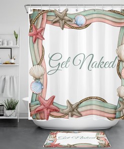 Pink Starfish and Seashell Funny Words Shower Curtain Set for Kids Bathroom