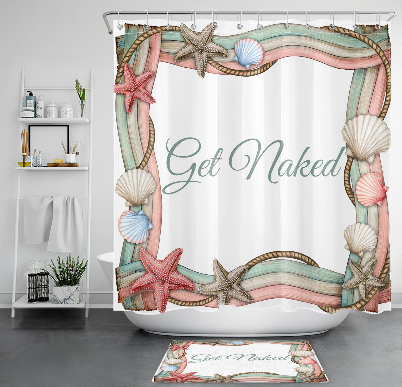 Pink Starfish and Seashell Funny Words Shower Curtain Set for Kids Bathroom