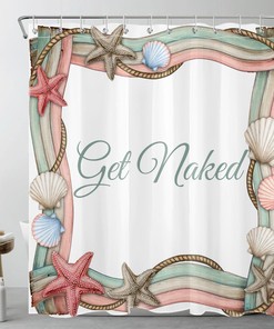 Pink Starfish and Seashell Funny Words Shower Curtain Set for Kids Bathroom