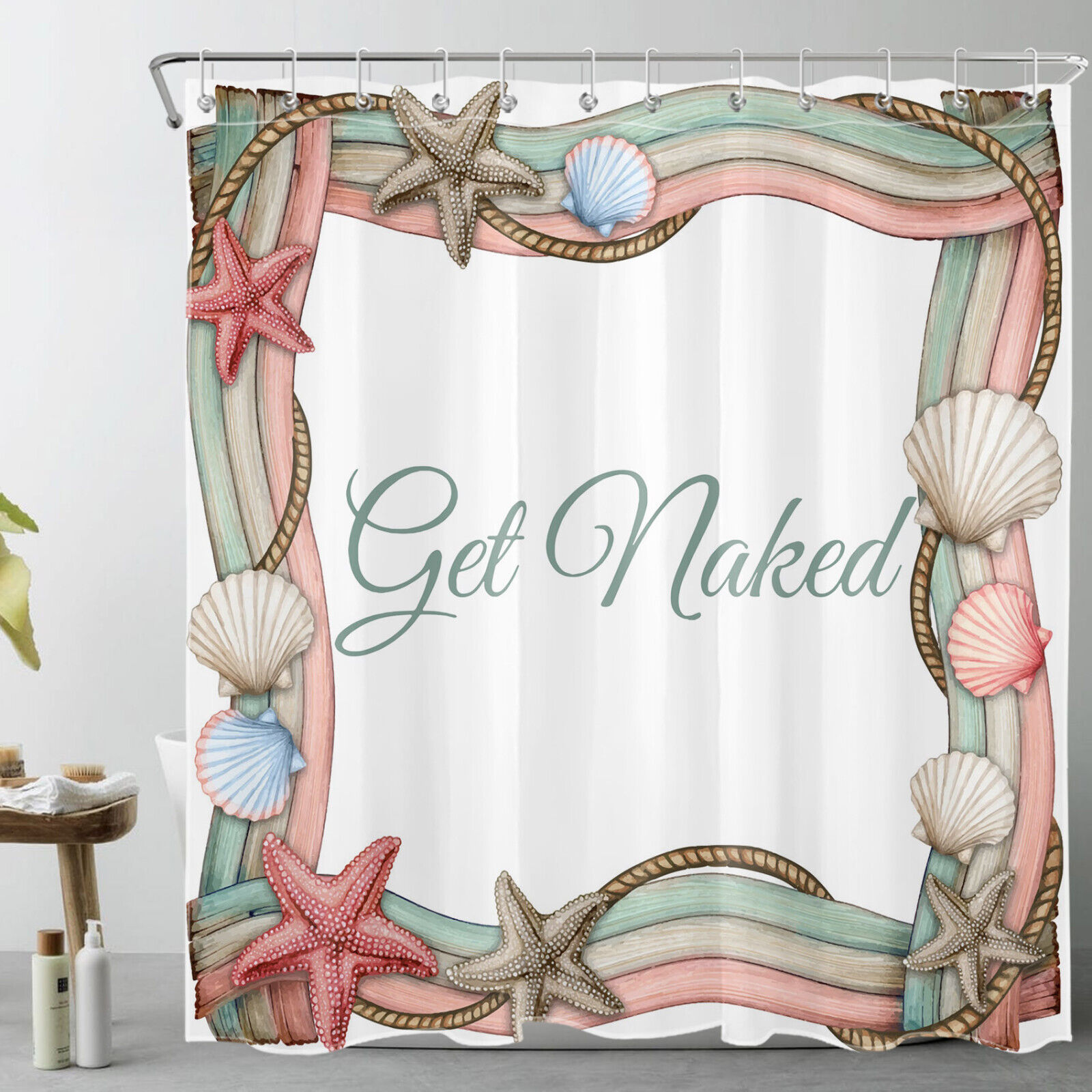 Pink Starfish and Seashell Funny Words Shower Curtain Set for Kids Bathroom