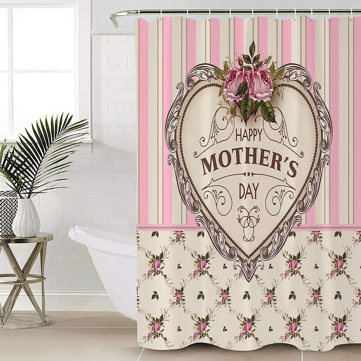 Pink Stripes Vintage Heart-Shape Mother's Day Shower Curtain - Sentimental Bathroom Decor