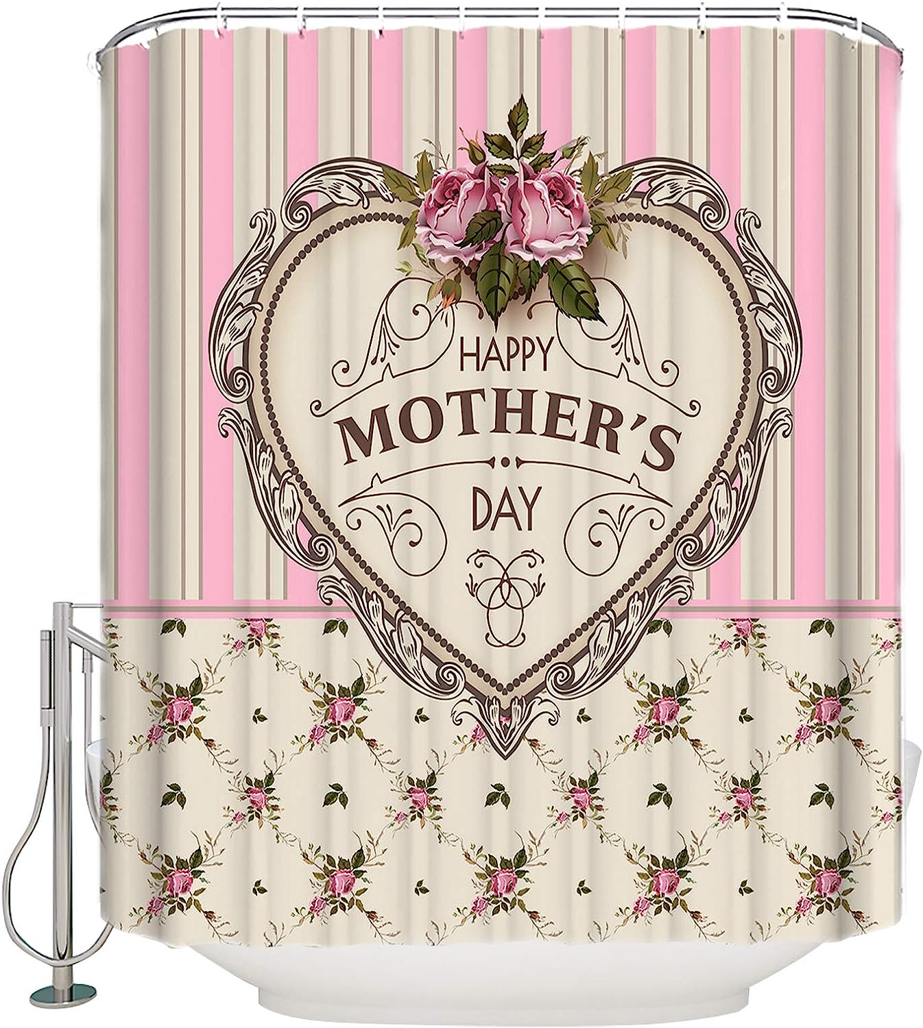 Pink Stripes Vintage Heart-Shape Mother's Day Shower Curtain - Sentimental Bathroom Decor