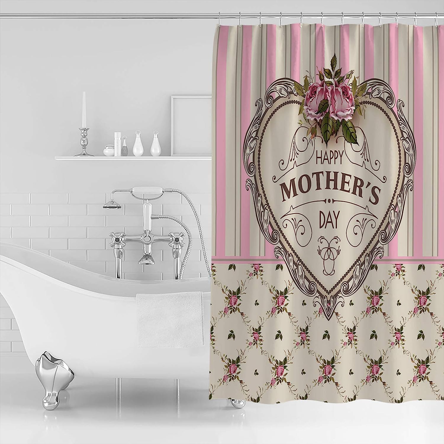 Pink Stripes Vintage Heart-Shape Mother's Day Shower Curtain - Sentimental Bathroom Decor