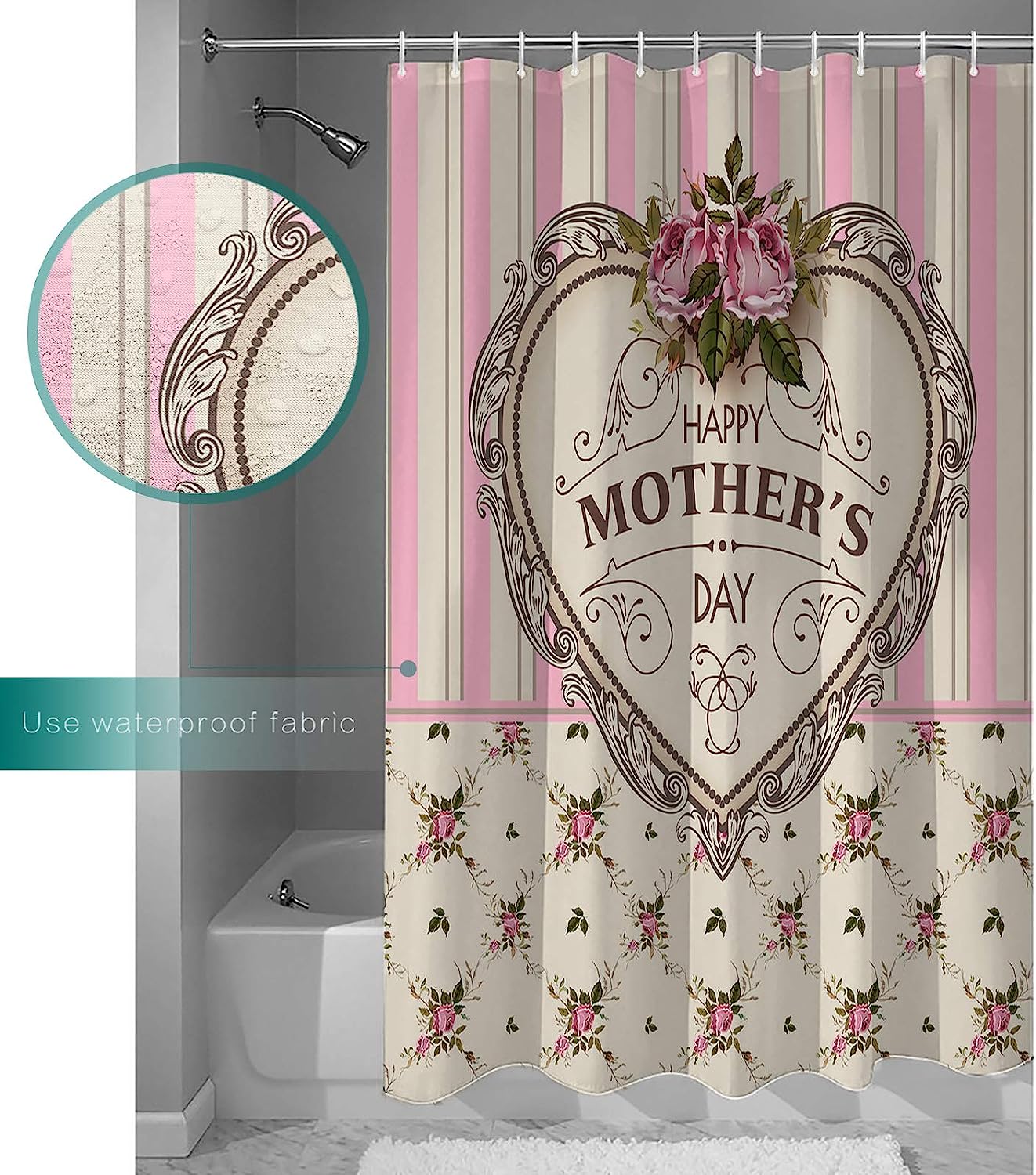 Pink Stripes Vintage Heart-Shape Mother's Day Shower Curtain - Sentimental Bathroom Decor