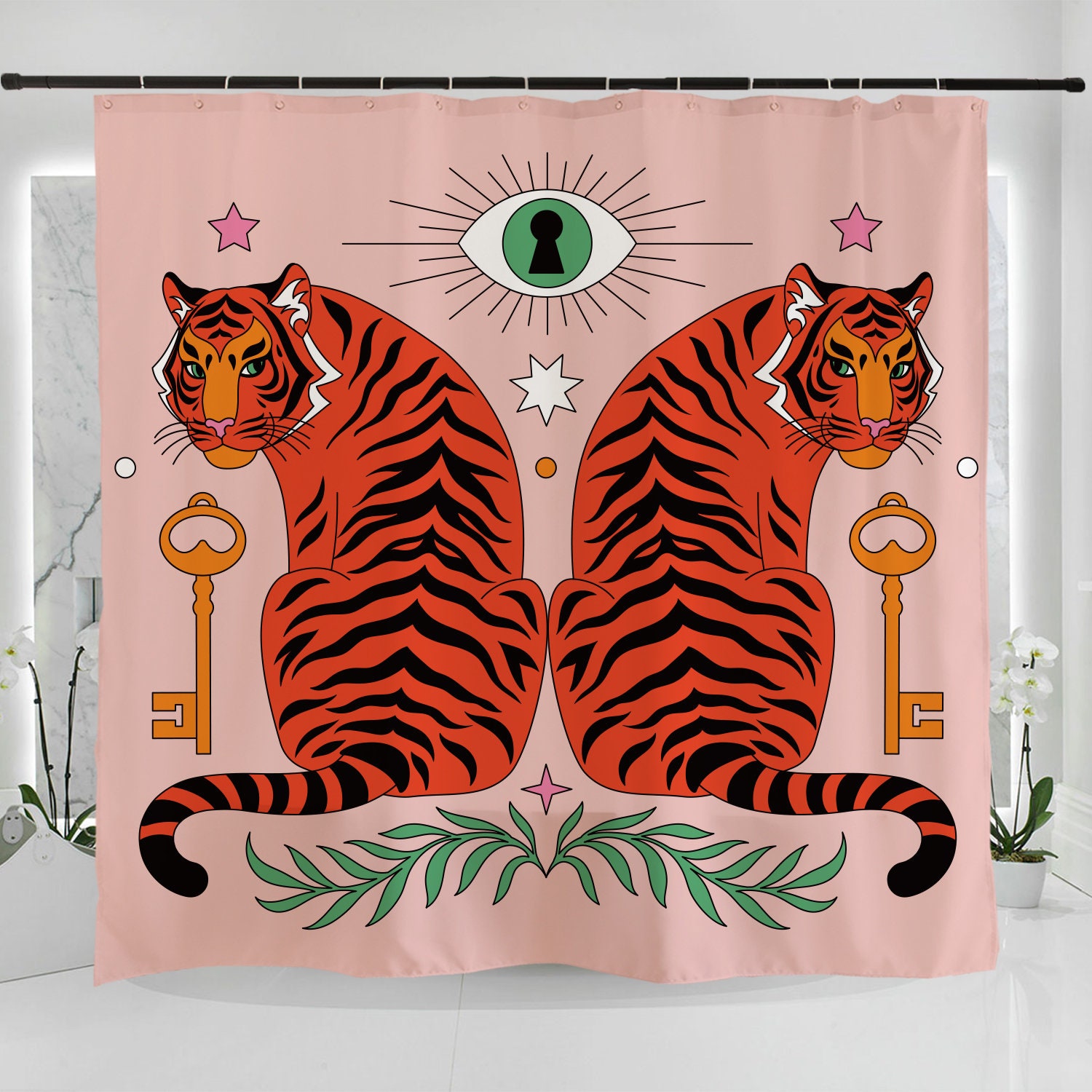 Pink Tigers With Eye Of Providence Shower Curtain For Chic And Modern Bathroom Decor - Image 2