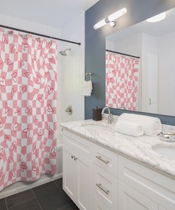 Pink Trippy Hearts Shower Curtain, Retro Style Bathroom Design with Checked Pattern and Minimalist Touch