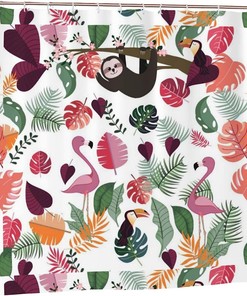 Pink Tropical Jungle Sloth Animals Shower Curtain For Chic Bathroom