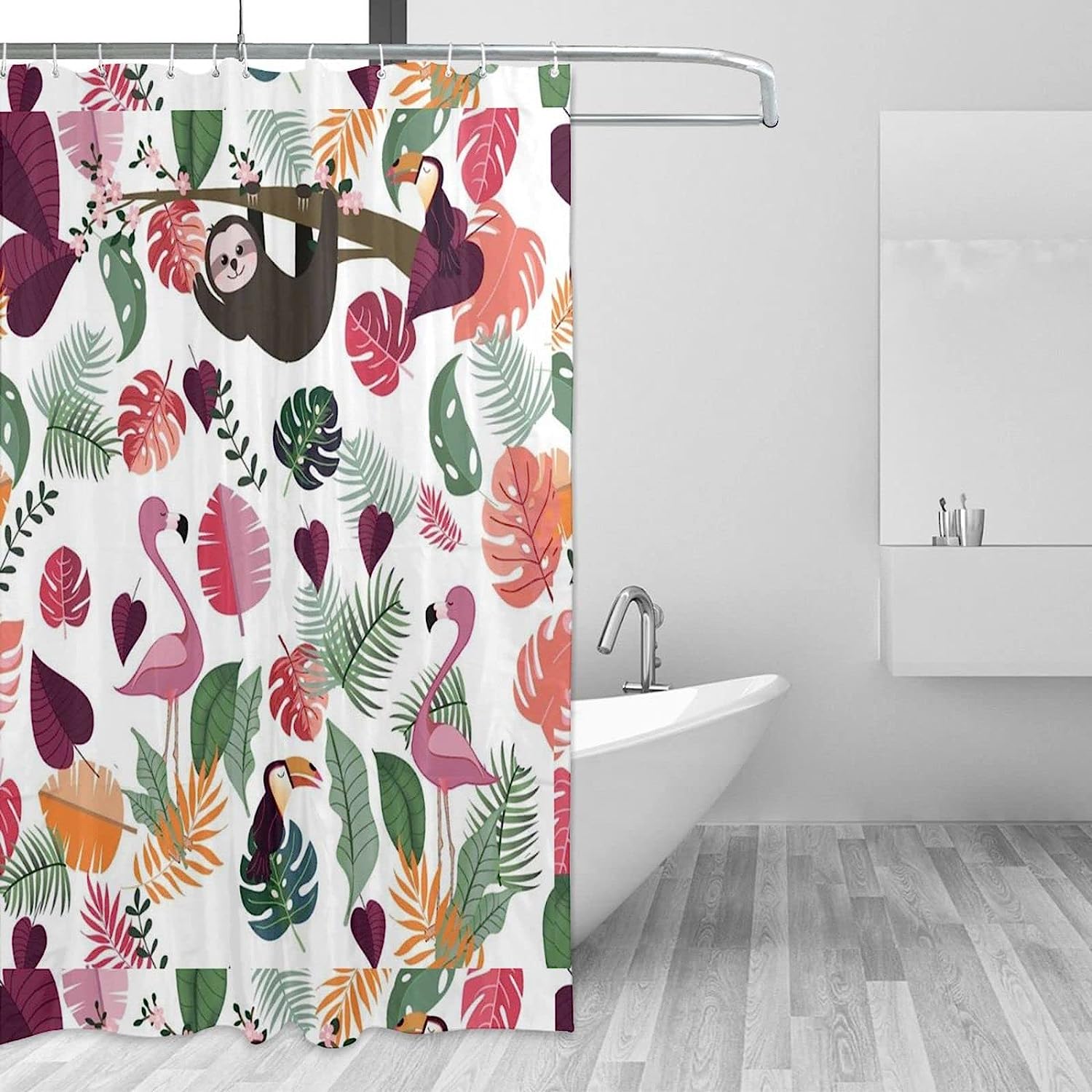 Pink Tropical Jungle Sloth Animals Shower Curtain For Chic Bathroom - Image 3