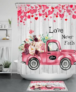 Pink Truck Flower Heart Vintage Bathroom Shower Curtain for Valentine's Day