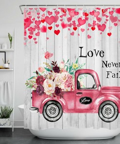 Pink Truck Flower Heart Vintage Bathroom Shower Curtain for Valentine's Day