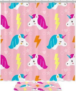 Pink Unicorn Bathroom Accessories Set With Waterproof Fabric Shower Curtain And Mat