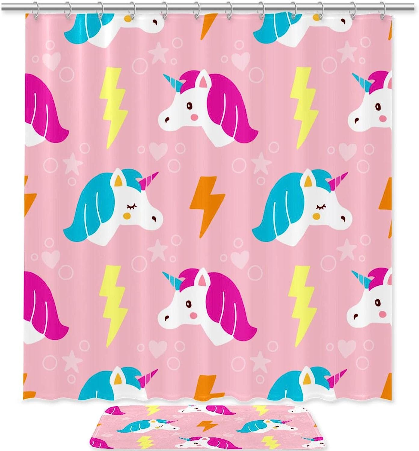 Pink Unicorn Bathroom Accessories Set With Waterproof Fabric Shower Curtain And Mat