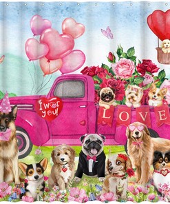 Pink Valentine'S Day Dog Shower Curtain With Funny Puppy And Love Rose Flower By Allenjoy - Happy And Easy Care Washable