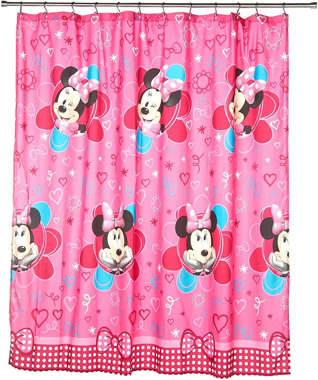 Pink Vintage Disney Minnie Mouse Hearts Decorative Shower Curtain - Image 2