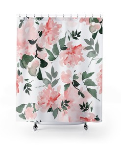 Pink Watercolor Flower Shower Curtain with Botanical and Floral Design 