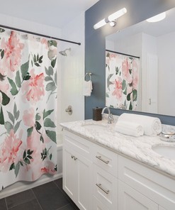 Pink Watercolor Flower Shower Curtain with Botanical and Floral Design