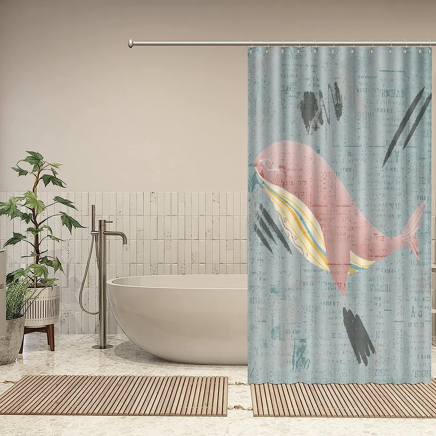 Pink Whale Sea Animal Shower Curtain - Custom Durable Fabric - Image 4